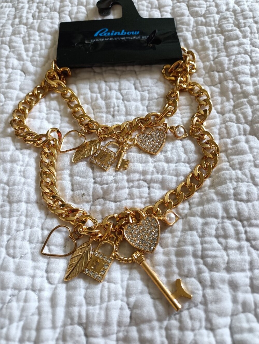 Rainbow Gold-Tone Heart & Key Charm Bracelet/Necklace Gold-plated Set